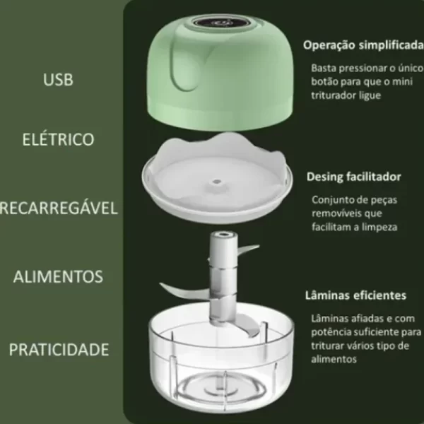 Mini Triturador De Alimentos Elétrico com 3 Lâminas de Aço Inox USB 250ml Bivolt - Imagem 3