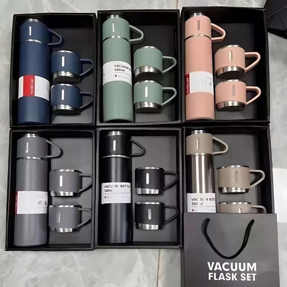 Kit Garrafa Térmica, Conjunto com 3 Xícaras, Frasco a Vácuo 500ml