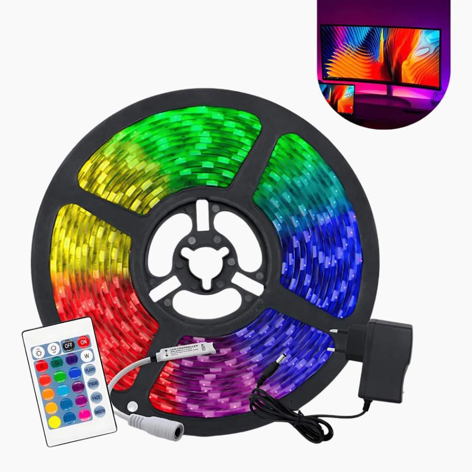Fita LED RGB 5050 Rolo 5m Ip65 com Controle Remoto e Fonte Bivolt 12V
