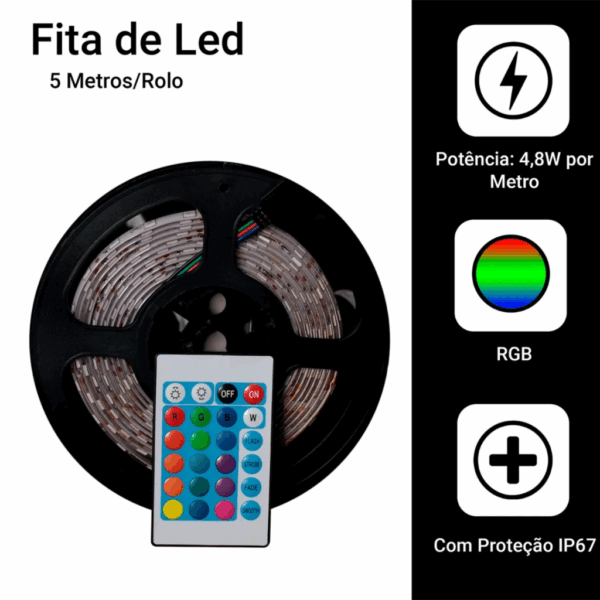 Fita LED RGB 5050 Rolo 5m Ip65 com Controle Remoto e Fonte Bivolt 12V - Imagem 2