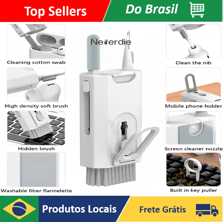 Kit Limpeza de Eletrônicos Multifuncional 8 em 1 – Teclado, Fone, Celular, Computador, Removedor de Teclas e Mais