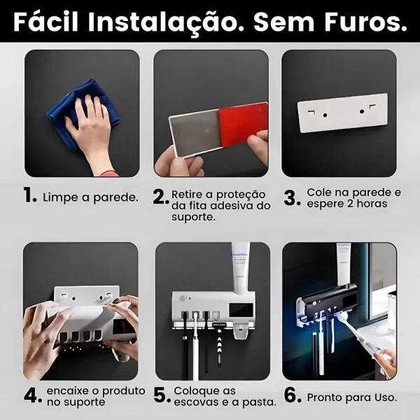Suporte e Higienizador de Escova De Dentes Com Esterilizador UV e Dispenser Automático para Pasta De Dente - Imagem 6