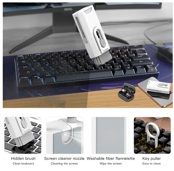 Kit Limpeza de Eletrônicos Multifuncional 8 em 1 – Teclado, Fone, Celular, Computador, Removedor de Teclas e Mais - Imagem 3