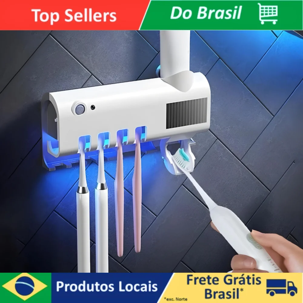 Suporte e Higienizador de Escova De Dentes Com Esterilizador UV e Dispenser Automático para Pasta De Dente